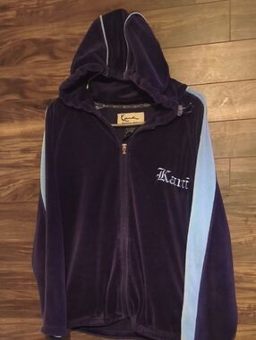 Vintage Y2K Karl Kani Navy Blue Velour Full Zip Hoodie Baby Blue Stripes